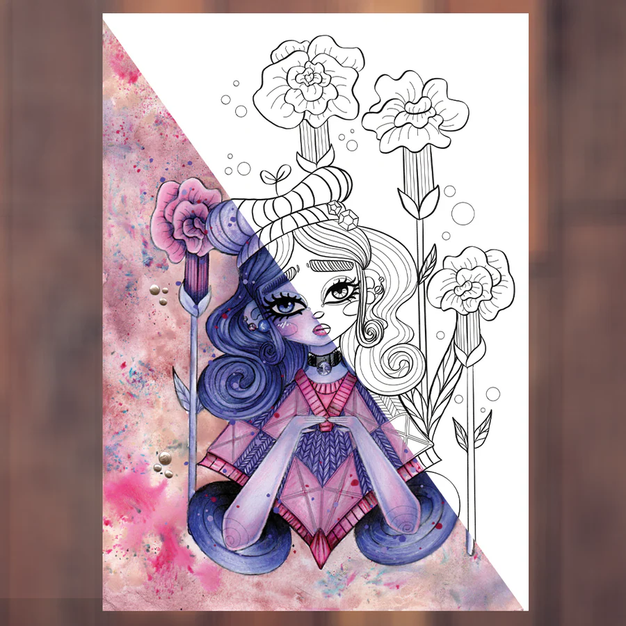 Flower Girl, partagée entre le dessin en traits et une mise en couleurs rose et violette