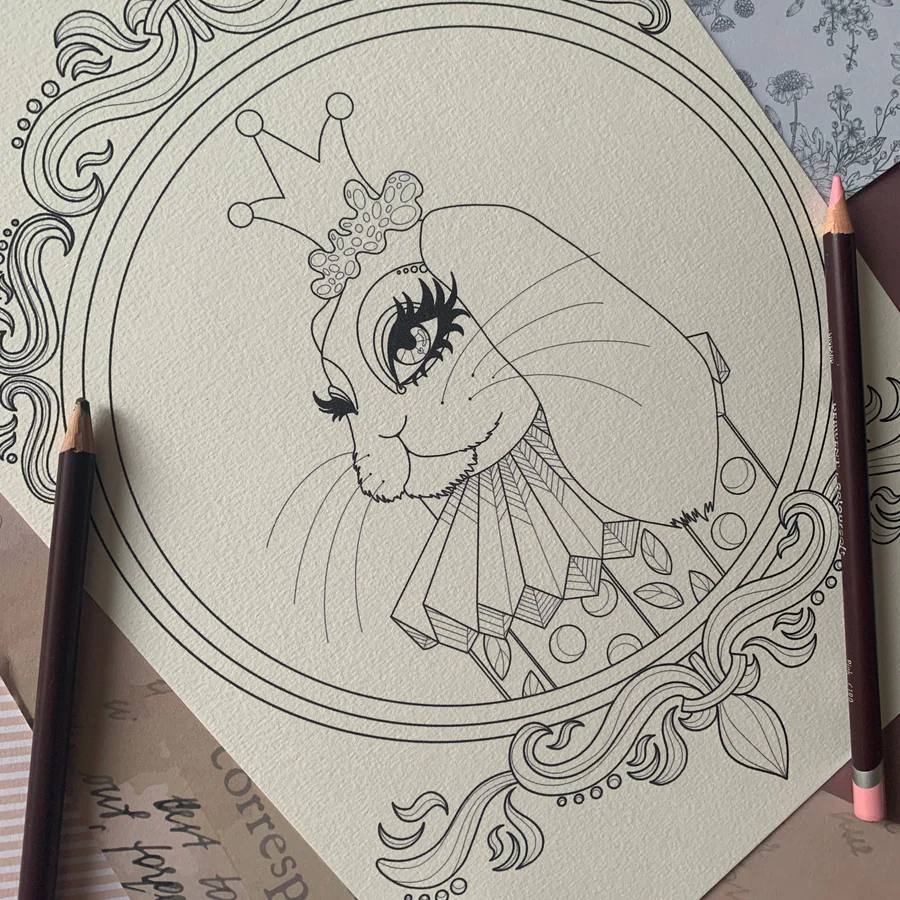 Gros plan de La Reine Lapine à colorier avec des crayons